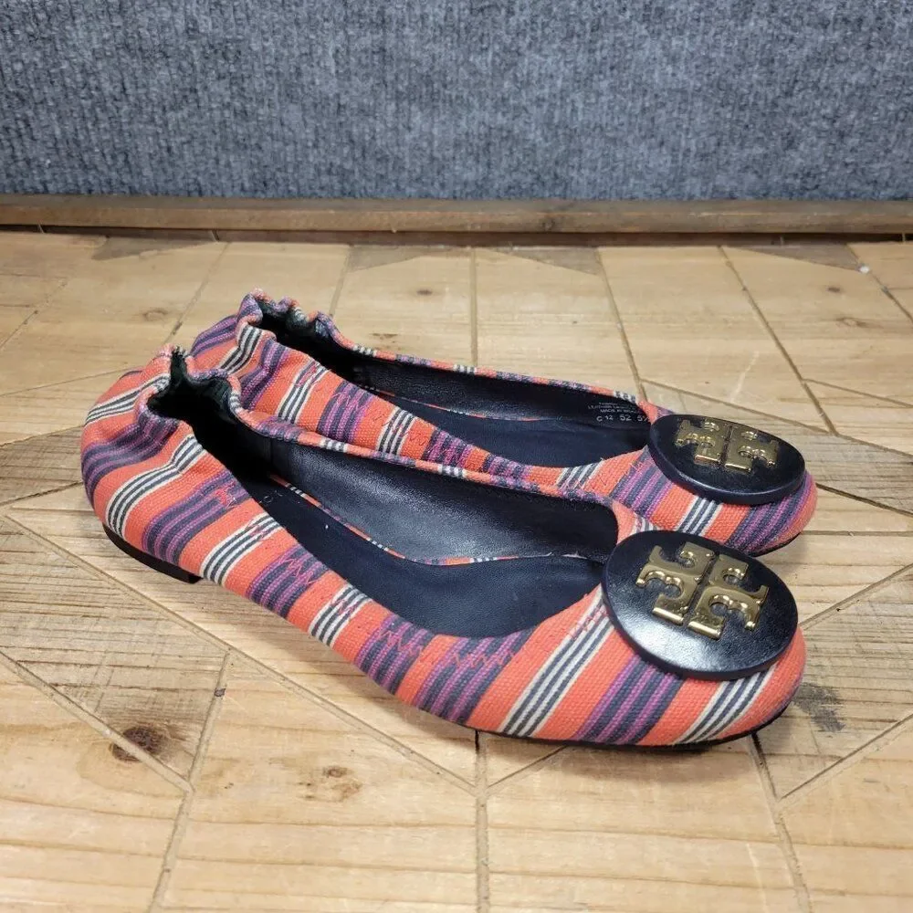 Tory Burch Reva‎ Bauer 5.5M Ballet Flats Slip On Shoes Red Multi Stripe Canvas